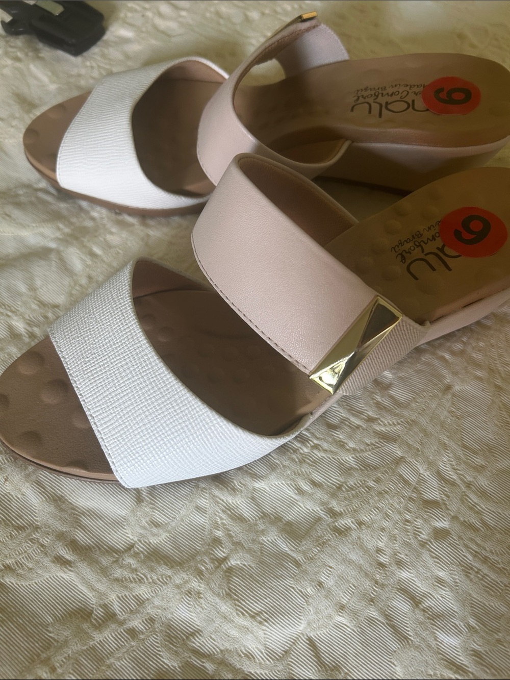 Two-Band White & Beige Women's Slide Sandals - Picture 5 of 5
